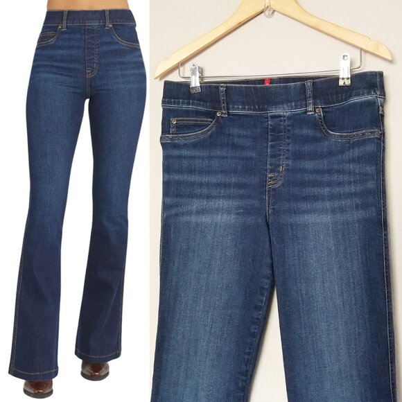 Spanx Flare Jeans Midnight Blue Shade Pull On Stretch High Waist L Petite $148 - Picture 6 of 16